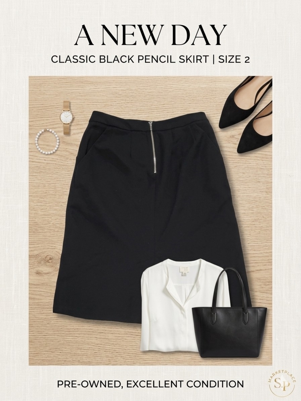 A New Day Black Zip-Back Pencil Skirt with Pockets - Size 2